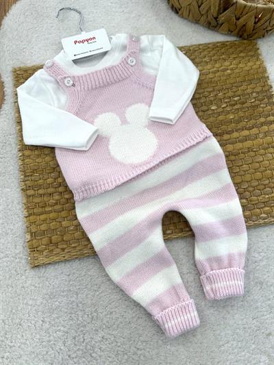 Çizgili Mickey Triko Salopetli Badili Kız Bebek Takım (3-6/6-9/9-12 Ay)