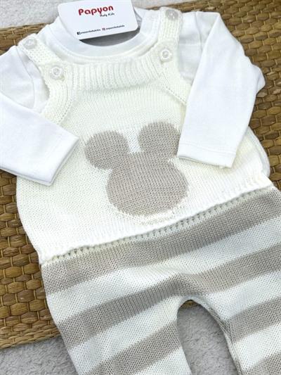 Çizgili Mickey Triko Salopetli Badili Uniseks Bebek Takım (3-6/6-9/9-12 Ay)