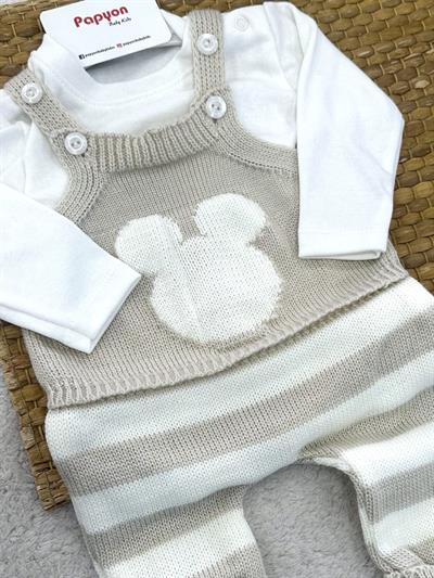 Çizgili Mickey Triko Salopetli Badili Uniseks Bebek Takım (3-6/6-9/9-12 Ay)