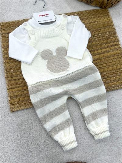 Çizgili Mickey Triko Salopetli Badili Uniseks Bebek Takım (3-6/6-9/9-12 Ay)