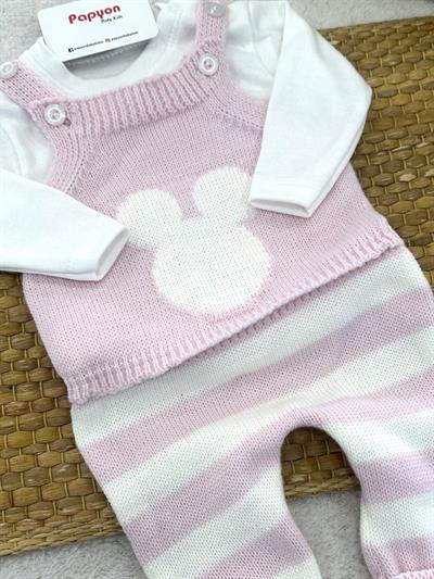 Çizgili Mickey Triko Salopetli Badili Kız Bebek Takım (3-6/6-9/9-12 Ay)