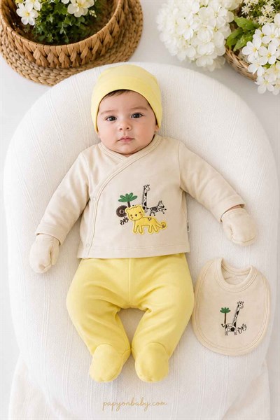 Safari Nakışlı Erkek Bebek 5li Hastane Çıkışı Seti (%100 Pamuk)(0-3 Ay)