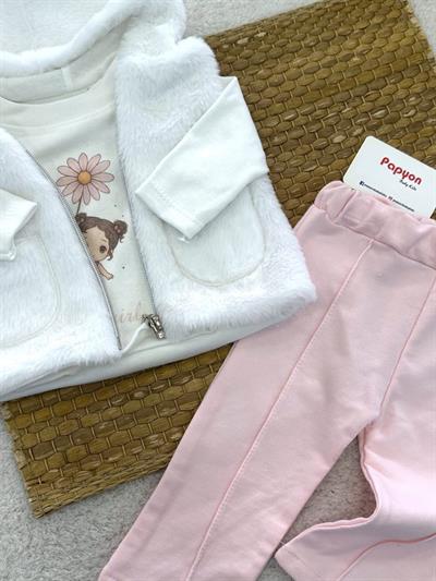 Cepli Kapşonlu Peluş Yelekli Kız Bebek 3lü Takım (3-6/6-9/9-12/12-18 Ay)