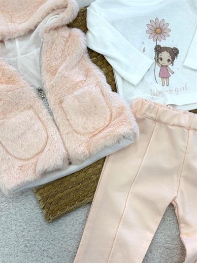Cepli Kapşonlu Peluş Yelekli Kız Bebek 3lü Takım (3-6/6-9/9-12/12-18 Ay)
