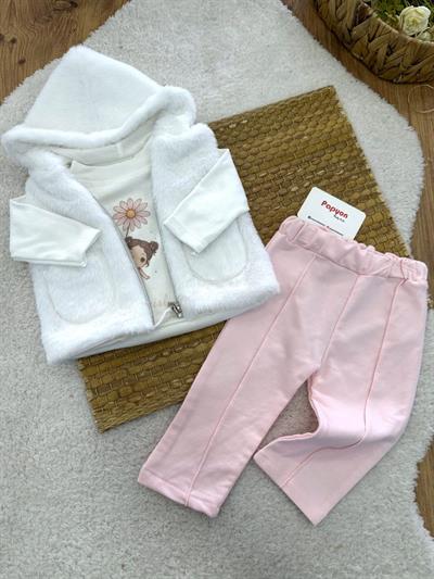 Cepli Kapşonlu Peluş Yelekli Kız Bebek 3lü Takım (3-6/6-9/9-12/12-18 Ay)
