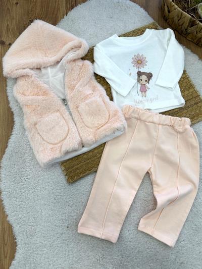 Cepli Kapşonlu Peluş Yelekli Kız Bebek 3lü Takım (3-6/6-9/9-12/12-18 Ay)