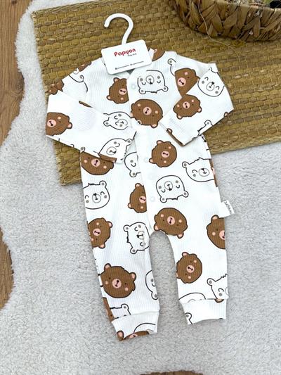 Ayıcık Kafası Desenli Fitilli Erkek Bebek Patikli Tulum (0-3/3-6/6-9 Ay)
