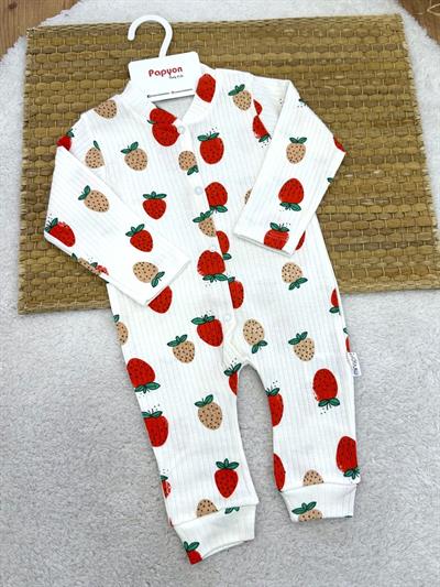 Beyaz Çilek Desenli Fitilli Kız Bebek Patikli Tulum (0-3/3-6/6-9 Ay)