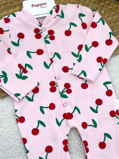 Kiraz Desenli Fitilli Kız Bebek Patikli Tulum (0-3/3-6/6-9 Ay)