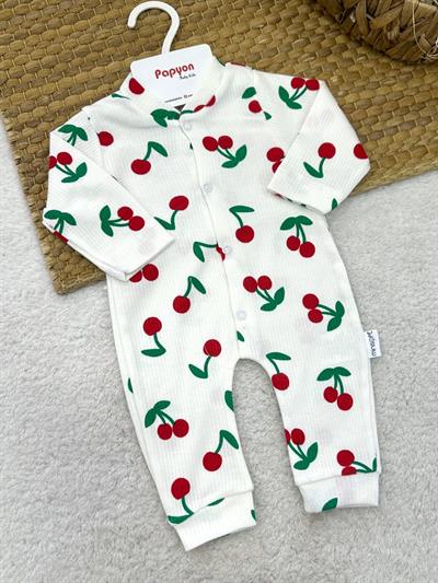 Kiraz Desenli Fitilli Kız Bebek Patikli Tulum (0-3/3-6/6-9 Ay)