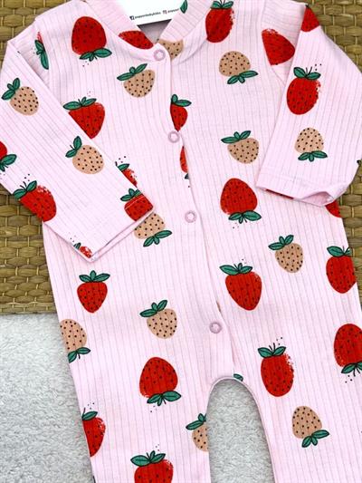 Pembe Çilek Desenli Fitilli Kız Bebek Patikli Tulum (0-3/3-6/6-9 Ay)