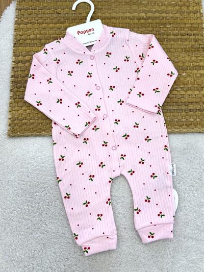 Pembe Minik Kiraz Desenli Fitilli Kız Bebek Patikli Tulum (0-3/3-6/6-9 Ay)