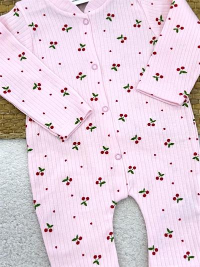 Pembe Minik Kiraz Desenli Fitilli Kız Bebek Patikli Tulum (0-3/3-6/6-9 Ay)