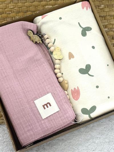 Kendinden Saçaklı Müslin ve Penye Bebek Battaniyesi Set Emzik Zinciri Hediye!!!