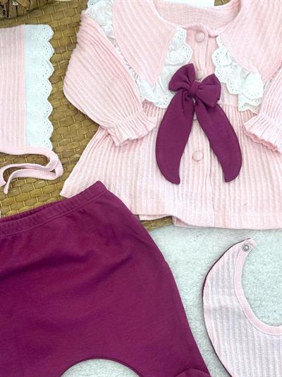 Mary Güpürlü Yakalı Fiyonklu Önden Düğmeli Yenidoğan Kız Bebek 5li Zıbın Set