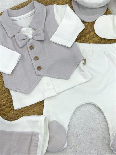 Sahte Yelekli Papyonlu Yenidoğan Erkek Bebek 5li Zıbın Set Hastane Çıkışı