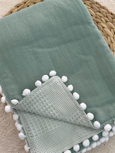 Mint Müslin Pike Çift Kat Çift Taraflı Ponponlu Bebek Battaniyesi 85x110 Cm