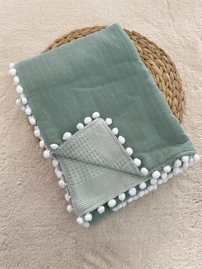 Mint Müslin Pike Çift Kat Çift Taraflı Ponponlu Bebek Battaniyesi 85x110 Cm