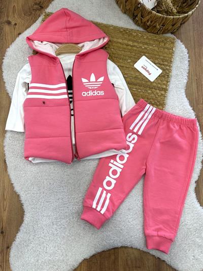 Adidas Baskılı Kapşonlu Yelekli Kız Bebek 3lü Takım (6-9/9-12/12-18/18-24 Ay)