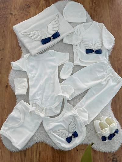 Kanat Nakışlı Fiyonk Süslemeli Yenidoğan Kız Bebek 10lu Zıbın Set Hastane Çıkışı