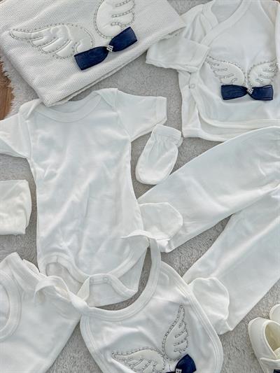 Kanat Nakışlı Fiyonk Süslemeli Yenidoğan Kız Bebek 10lu Zıbın Set Hastane Çıkışı