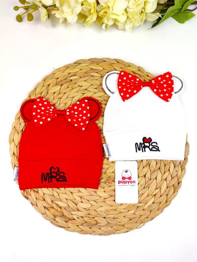 MRS Nakışlı Fiyonklu Kız Bebek Penye Bere (2 Adet)