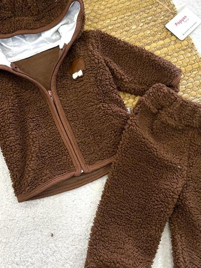 Ayıcık Armalı Kapşonlu Ceketli Erkek Bebek Peluş Takım (6-9/9-12/12-18/18-24 Ay)