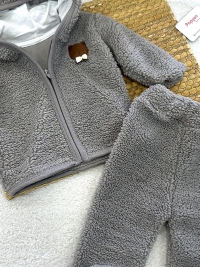 Ayıcık Armalı Kapşonlu Ceketli Erkek Bebek Peluş Takım (6-9/9-12/12-18/18-24 Ay)