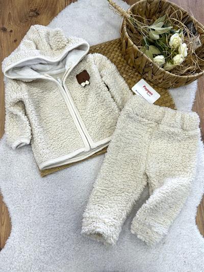 Ayıcık Armalı Kapşonlu Ceketli Erkek Bebek Peluş Takım (6-9/9-12/12-18/18-24 Ay)