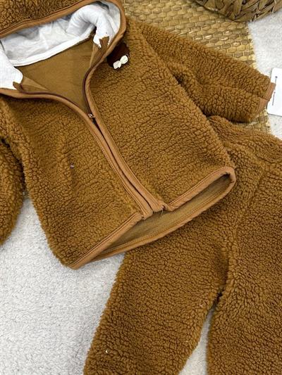 Ayıcık Armalı Kapşonlu Ceketli Erkek Bebek Peluş Takım (6-9/9-12/12-18/18-24 Ay)