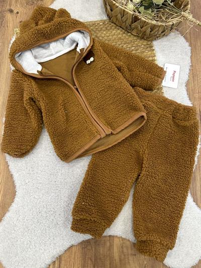 Ayıcık Armalı Kapşonlu Ceketli Erkek Bebek Peluş Takım (6-9/9-12/12-18/18-24 Ay)