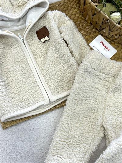 Ayıcık Armalı Kapşonlu Ceketli Erkek Bebek Peluş Takım (6-9/9-12/12-18/18-24 Ay)