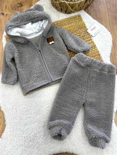 Ayıcık Armalı Kapşonlu Ceketli Erkek Bebek Peluş Takım (6-9/9-12/12-18/18-24 Ay)