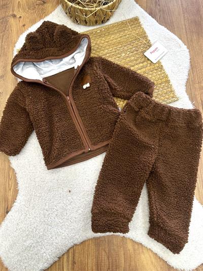 Ayıcık Armalı Kapşonlu Ceketli Erkek Bebek Peluş Takım (6-9/9-12/12-18/18-24 Ay)