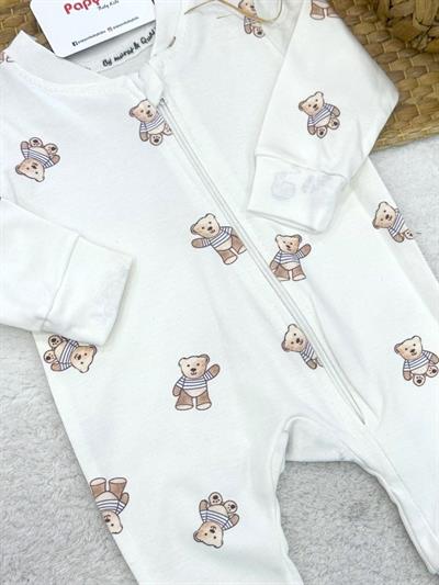 Ayıcık Baskılı Fermuarlı Erkek Bebek Manşetli Tulum (0-3/3-6/6-9/9-12 Ay)