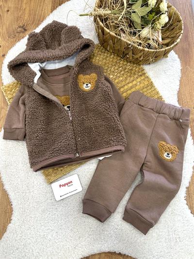 Ayıcık Nakışlı Peluş Yelekli Erkek Bebek 3ip Şardonlu Takım (6-9/9-12/12-18/18-24 Ay)