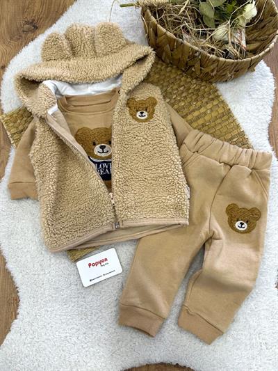 Ayıcık Nakışlı Peluş Yelekli Erkek Bebek 3ip Şardonlu Takım (6-9/9-12/12-18/18-24 Ay)