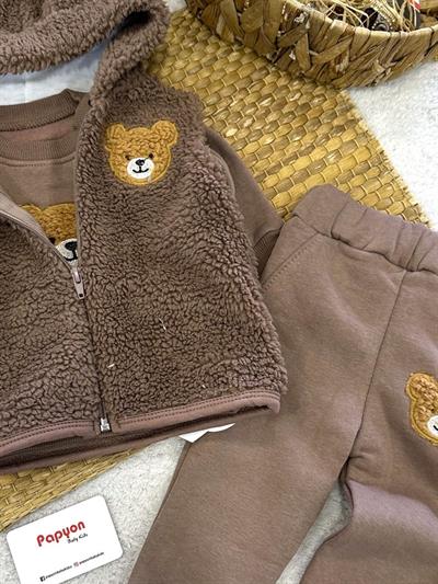 Ayıcık Nakışlı Peluş Yelekli Erkek Bebek 3ip Şardonlu Takım (6-9/9-12/12-18/18-24 Ay)