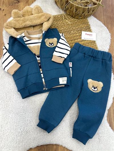Ayıcık Nakışlı Yelekli 3ip Şardonlu Erkek Bebek 3lü Takım (6-9/9-12/12-18/18-24 Ay)