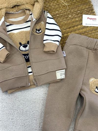 Ayıcık Nakışlı Yelekli 3ip Şardonlu Erkek Bebek 3lü Takım (6-9/9-12/12-18/18-24 Ay)