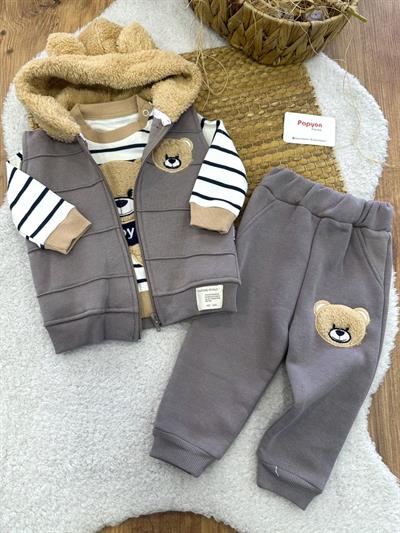 Ayıcık Nakışlı Yelekli 3ip Şardonlu Erkek Bebek 3lü Takım (6-9/9-12/12-18/18-24 Ay)