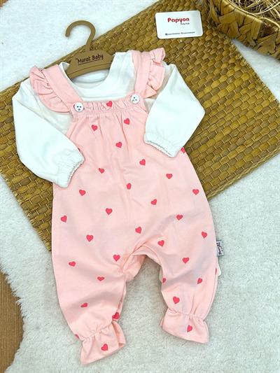 Badili Minik Kalp Baskılı Kız Bebek Salopet Takım (0-3/3-6/6-9/9-12 Ay)