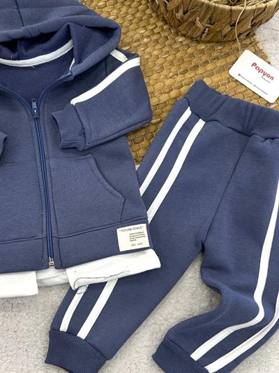 Cepli Kapşonlu Fermuarlı Ceketli Erkek Bebek 3ip Şardonlu Takım (6-9/9-12/12-18/18-24 Ay)