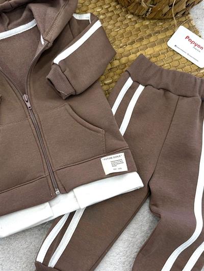 Cepli Kapşonlu Fermuarlı Ceketli Erkek Bebek 3ip Şardonlu Takım (6-9/9-12/12-18/18-24 Ay)