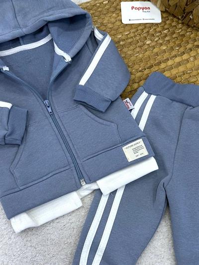 Cepli Kapşonlu Fermuarlı Ceketli Erkek Bebek 3ip Şardonlu Takım (6-9/9-12/12-18/18-24 Ay)