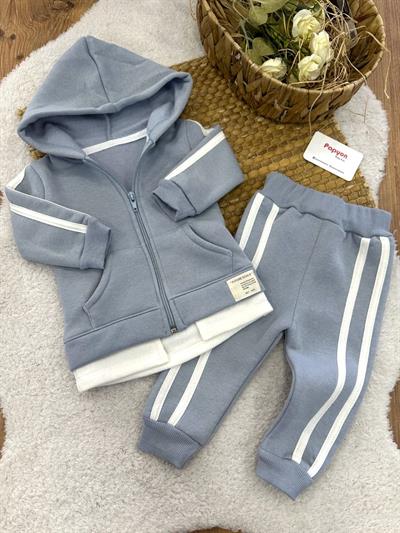 Cepli Kapşonlu Fermuarlı Ceketli Erkek Bebek 3ip Şardonlu Takım (6-9/9-12/12-18/18-24 Ay)