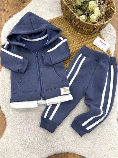 Cepli Kapşonlu Fermuarlı Ceketli Erkek Bebek 3ip Şardonlu Takım (6-9/9-12/12-18/18-24 Ay)