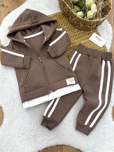 Cepli Kapşonlu Fermuarlı Ceketli Erkek Bebek 3ip Şardonlu Takım (6-9/9-12/12-18/18-24 Ay)