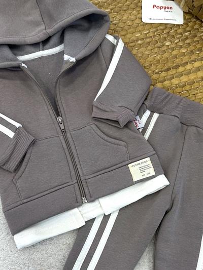 Cepli Kapşonlu Fermuarlı Ceketli Erkek Bebek 3ip Şardonlu Takım (6-9/9-12/12-18/18-24 Ay)