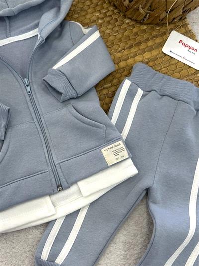 Cepli Kapşonlu Fermuarlı Ceketli Erkek Bebek 3ip Şardonlu Takım (6-9/9-12/12-18/18-24 Ay)